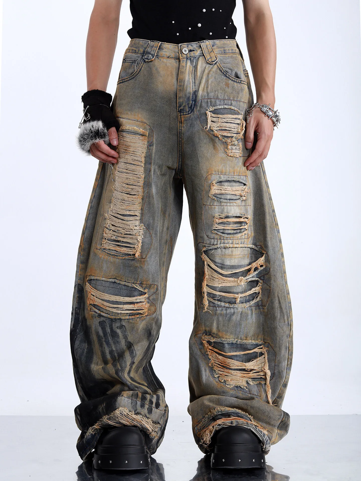 High Street Ripped Jeans Pant Men Grind and Break Holes Casual Loose Wide Leg Fashion Denim Pants