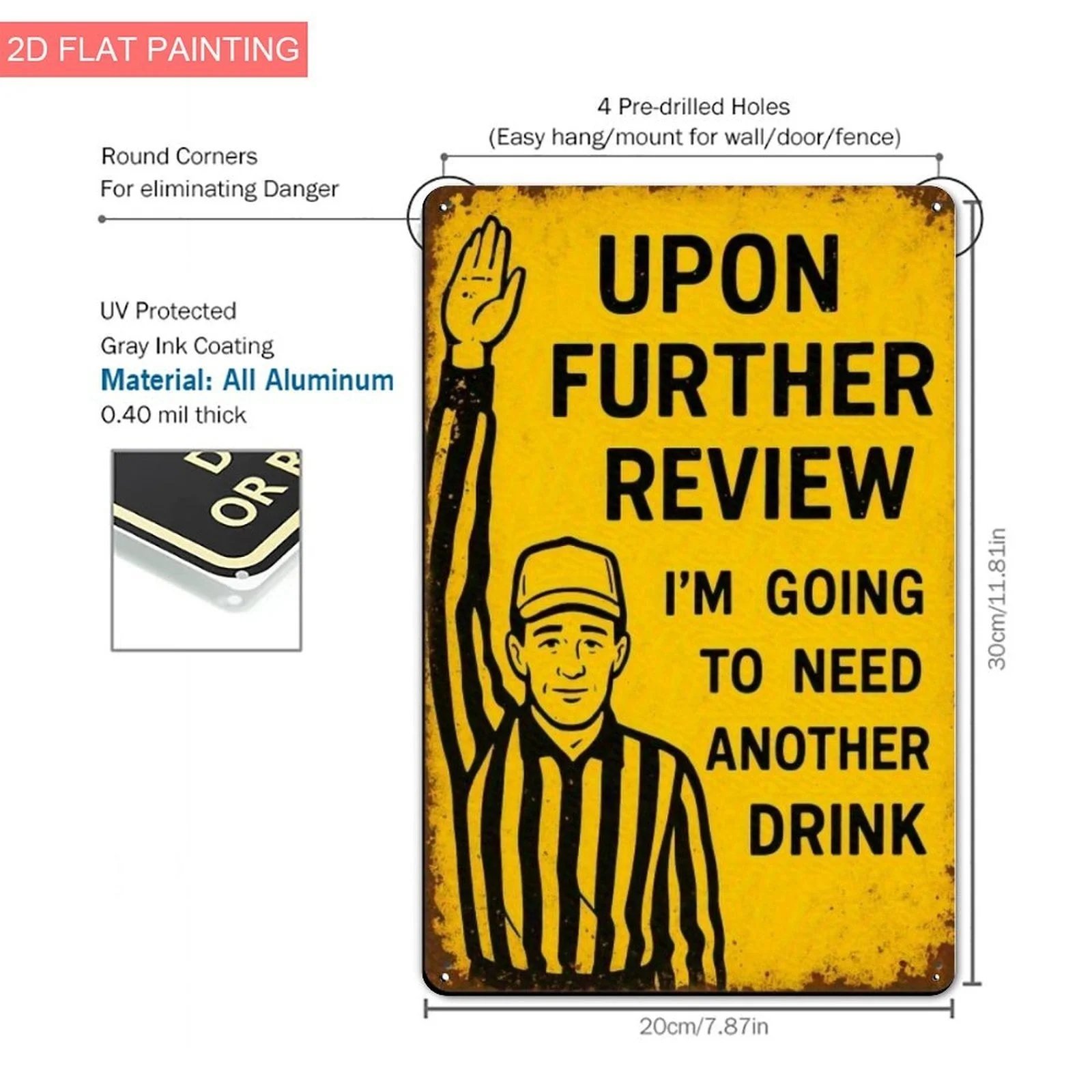 1-Pack 12x8 Inch Iron 2D Flat Sign - Humorous Pending Further Review Football Referee Design, Durable Metal Wall Art for Sports