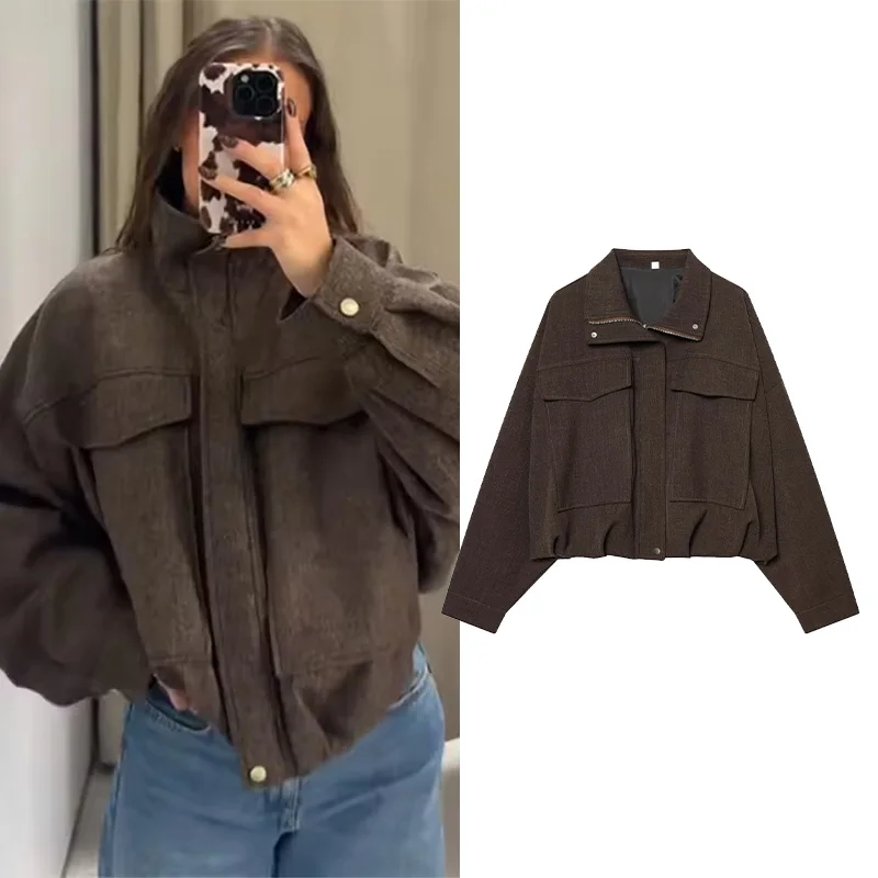 

Женская куртка-бомбер с высоким воротником, новинка 2026 года, весенняя, с длинными рукавами, плиссированным подолом, карманами, на молнии, шикарный женский топ