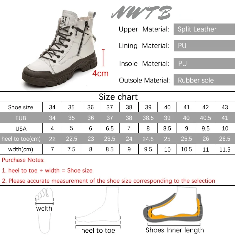 Nwtb buty z prawdziwej skóry damskie jesienne trampki boczny zamek błyskawiczny wysokie buty wulkanizowane Ladie Casual sportowe gruba podeszwa buty