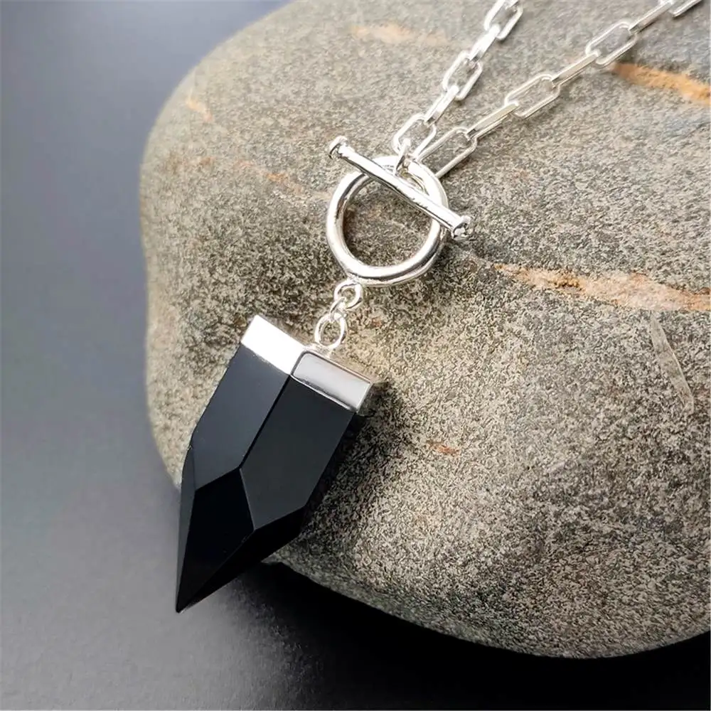 FUWO 1Pcs Obsidian crystal pointed necklace, silver plated square chain, black and white classic semi precious stone gift NC411Y