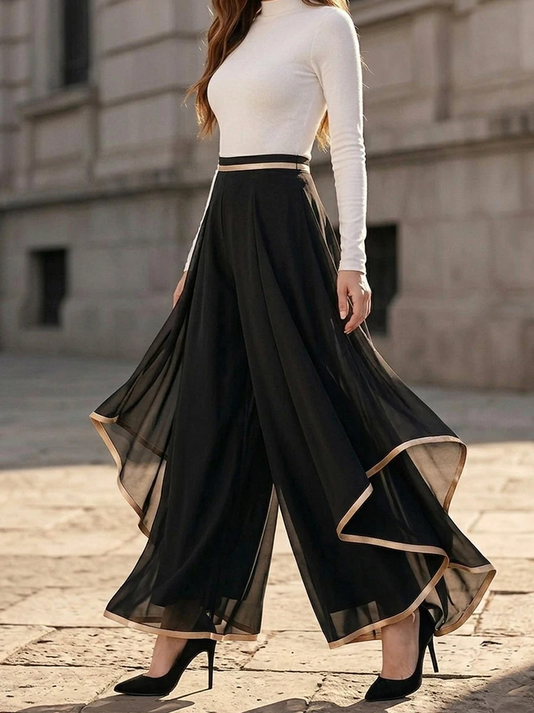 Women High Waist Wide Leg Pants Gold Trim Chiffon Flowy Trousers Pleated Loose Dress Pants For Office Commute Semi Formal Summer Outfit