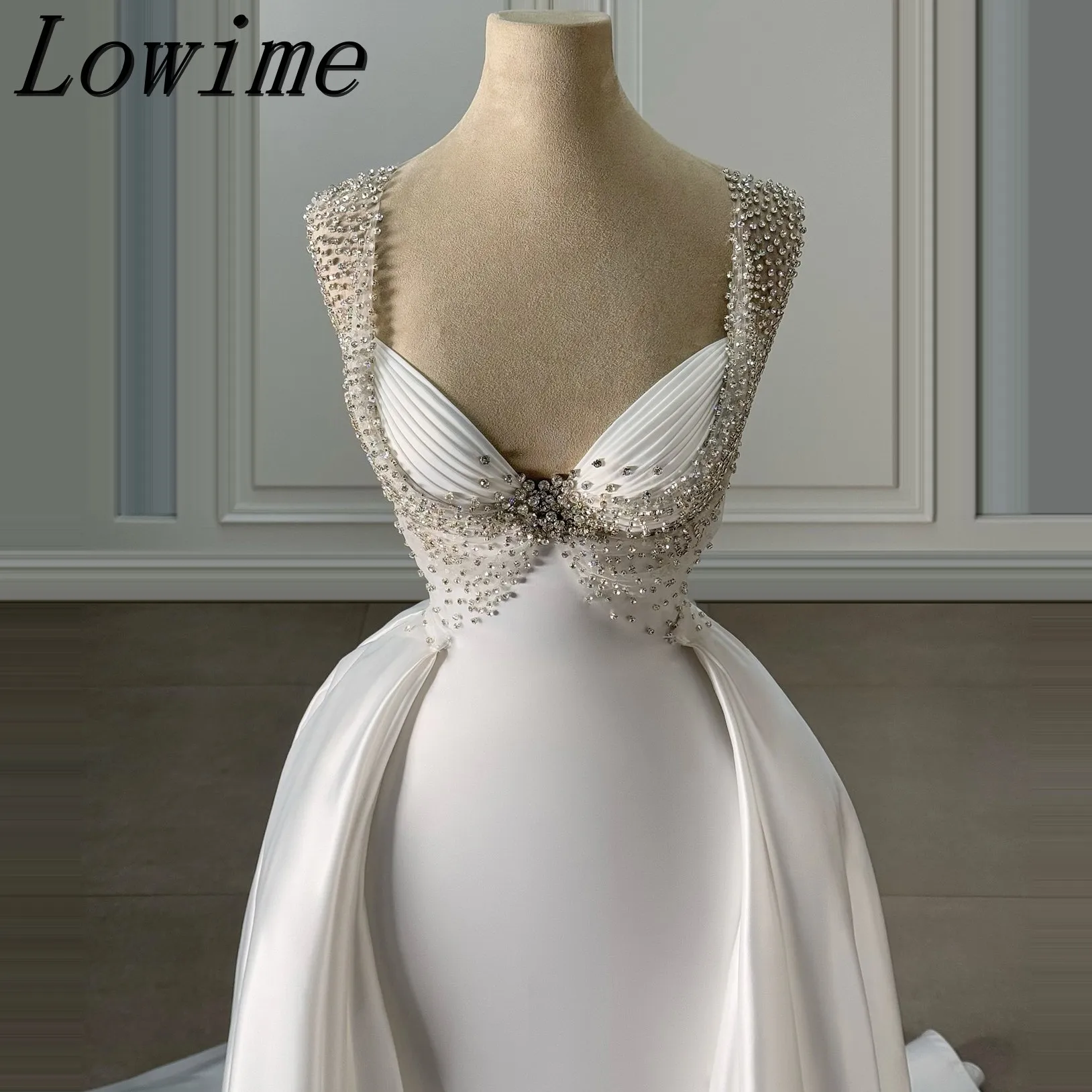 

Chic Sweetheart Crystal Wide-Straps Wedding Dress Mermaid Satin Floor-Length Evening Gown for Brides