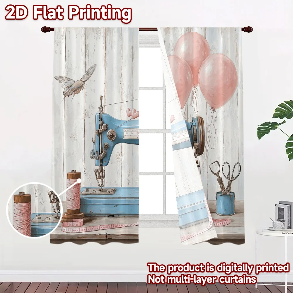 2D flat printing 2pcs Curtain Drapes Vintage Sewing Machine Display Digital Printed Polyester Drapes Festive Wall Decor Perfect
