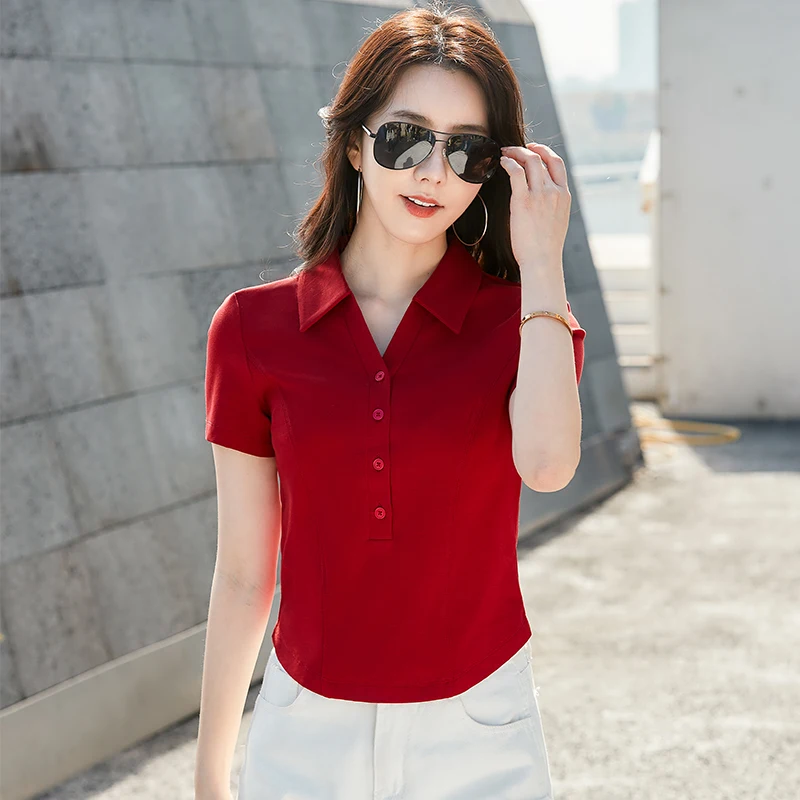 Summer New Polo Neck Button Short High Waist T-shirt Slim Fit Short Sleeve Solid Color Cotton Women\'s Top