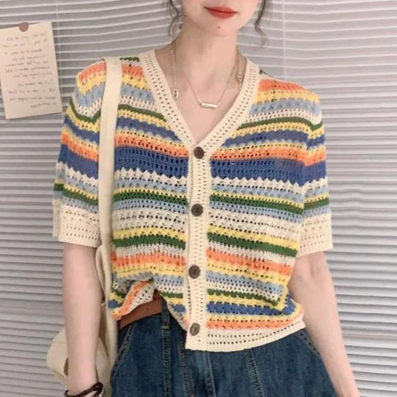 

Красочный полосатый вязаный кардиган из ледяного шелка для женщин, летняя новая женская одежда, модная короткая куртка