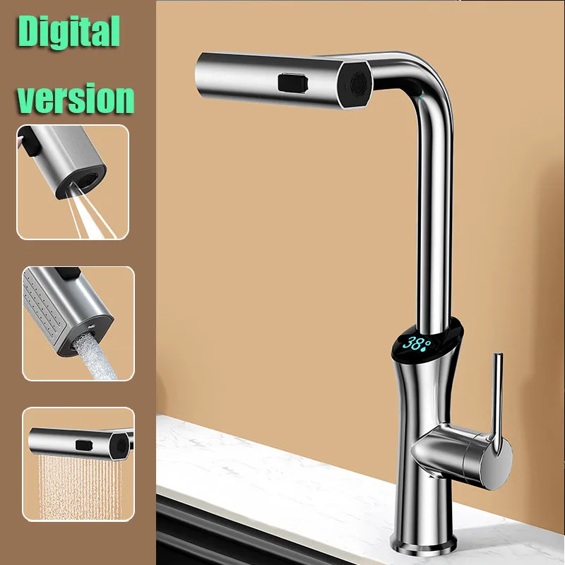 NEW Faucet Vegetable Washing Basin Multifunctional LED Digital Display Tap Rotating Pull-out Cold and Hot Water Mixer