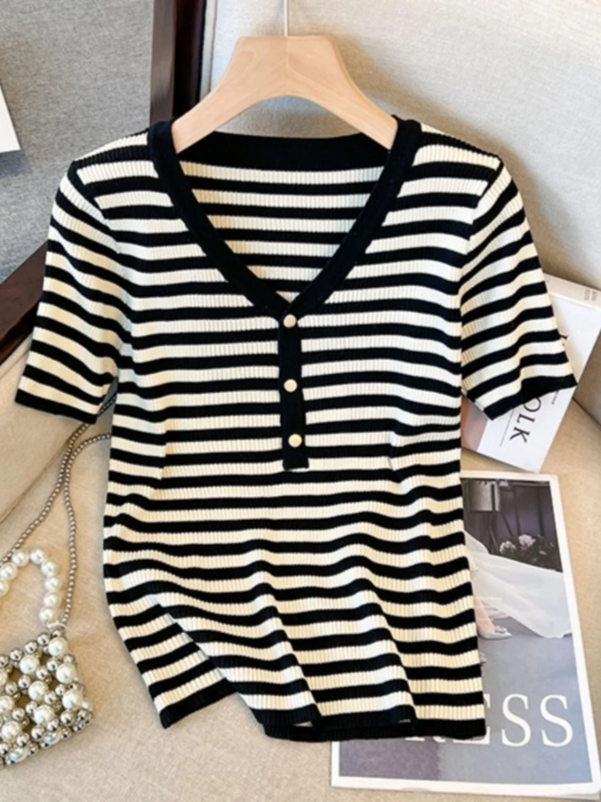 

Футболка в полоску из ледяного шелка с V-образным вырезом, свободный крой, летний топ ort Sve Color Blo для женщин больших размеров, модное прикрытие живота