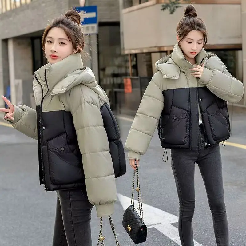 New Thickened Hooded Down In Autumn Winter Of 2024 Cotton-padded Jacket Women's Loose Slim Fashion Contrast Stitching Bread Coat