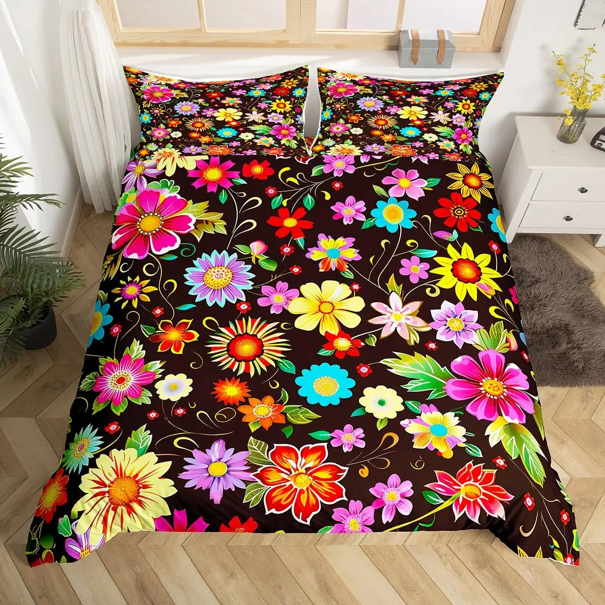 Vintage Floral Duvet Cover King Queen Retro Flowers Bedding Set Boho Hippie Comforter Cover Groovy Blossom Polyester Quilt Cover