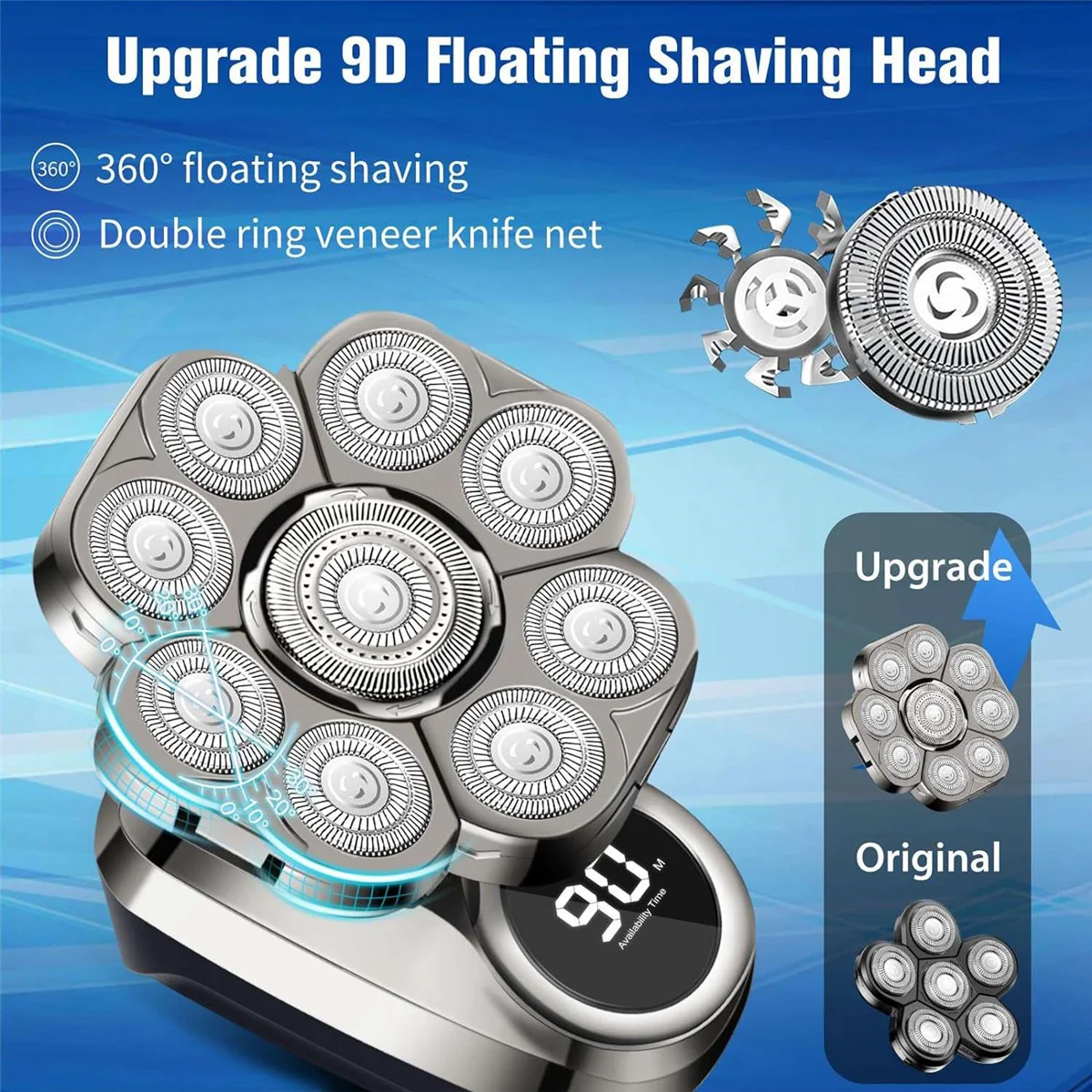 Head Shaver, 9D Electric Razor IP67 Waterproof Men's Rotary Head Beard Shaver with LED Display, Electric Shaver for Men