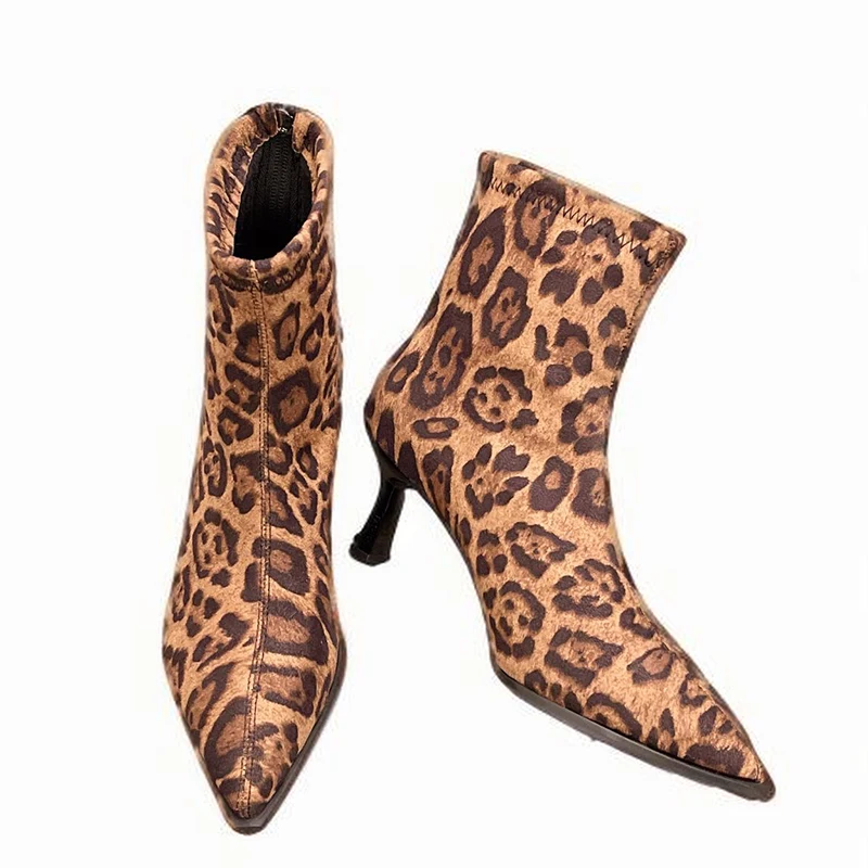 Women Suede High Heels Ankle Boots Leopard Pointed Toe Stiletto Elegant Women Shoes Winter 2025 Trend Punk Sexy Gladiator Boots