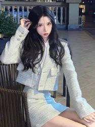 Temperament Sweet Coarse Plaid Jacket Skirt Two-piece Set Women Fashion Korean Lapel Single Breasted Celebrity Slim Spring Suit