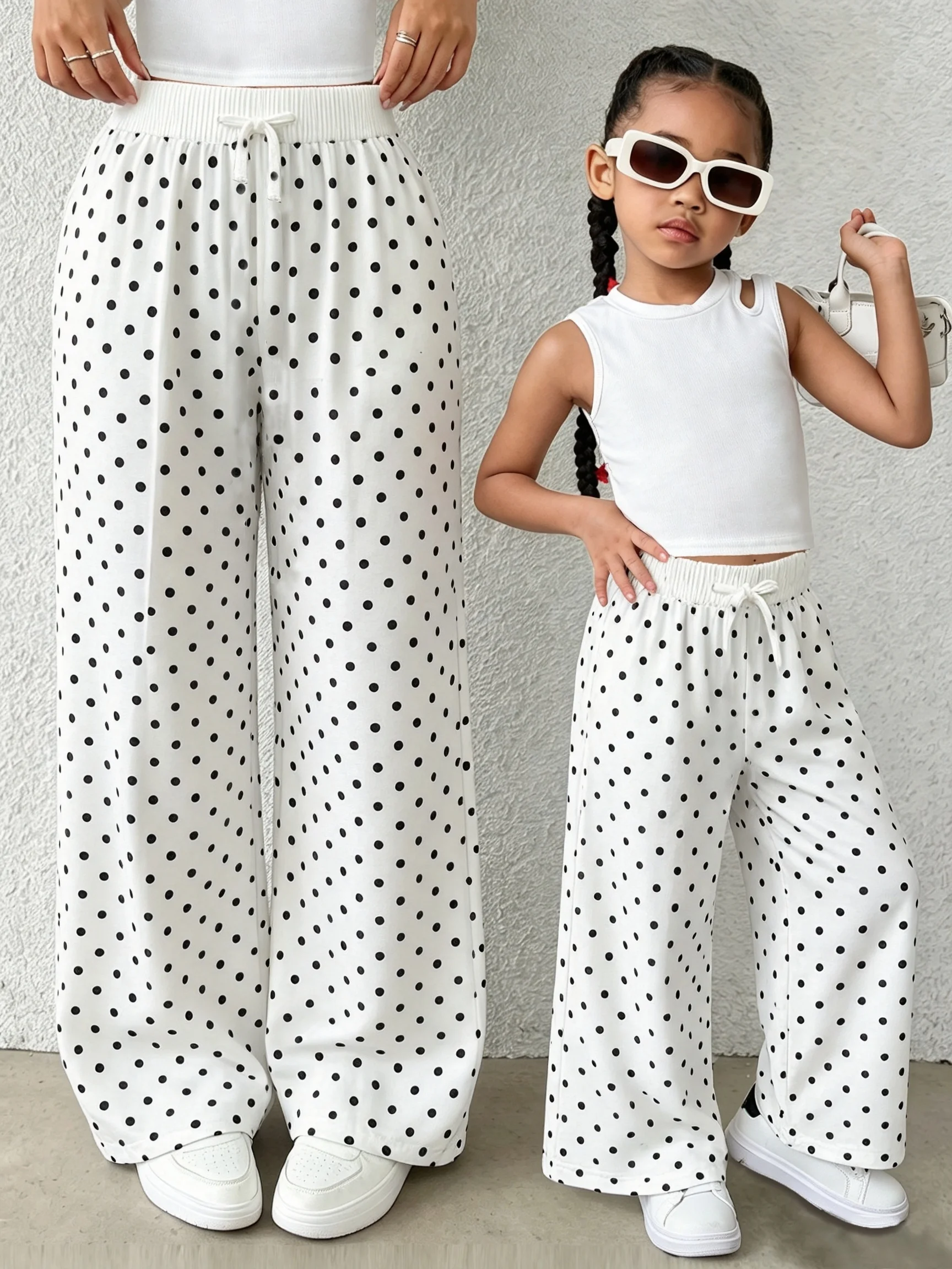 Girls' Autumn Pants, Simple Casual Elastic Waist Pants, Polka Dot Print Long Pants, Fashionable Versatile Long Pants for Girls, Suitable for Ages 3 and Above, Suitable for Both Home and Outdoor Wear