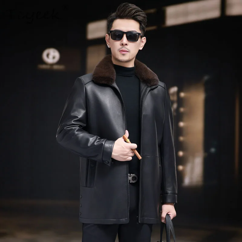 

Tcyeek Genuine Leather Down Jacket Men Warm Winter Clothes Mid-length Trench Coat Real Sheepskin Mens Coats Mink Fur Collar