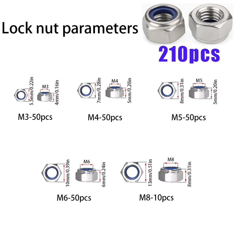 150 Stück/210 Stück Edelstahl-Nylon-Einpressmuttern, rutschfest und selbstrückstellend, M3 M4 M5 M6 M8