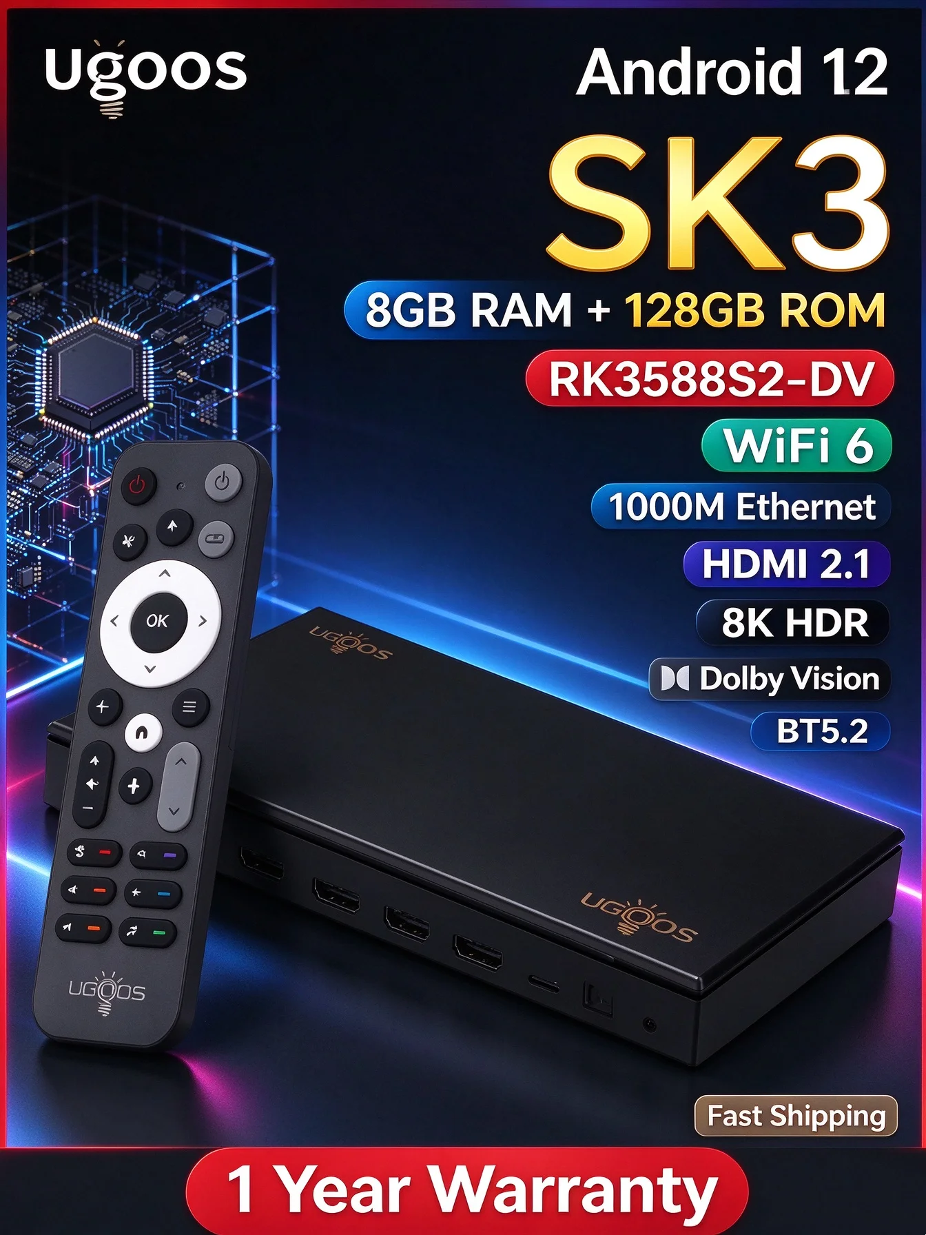 UGOOS SK3 Android 12 Smart TV BOX RK3588S2-DV BT5.2 LPDDR4 8G 128G WiFi6 1000M Ethernet HDMI2.1 8K HDR Set Top Box  Dolby Vision