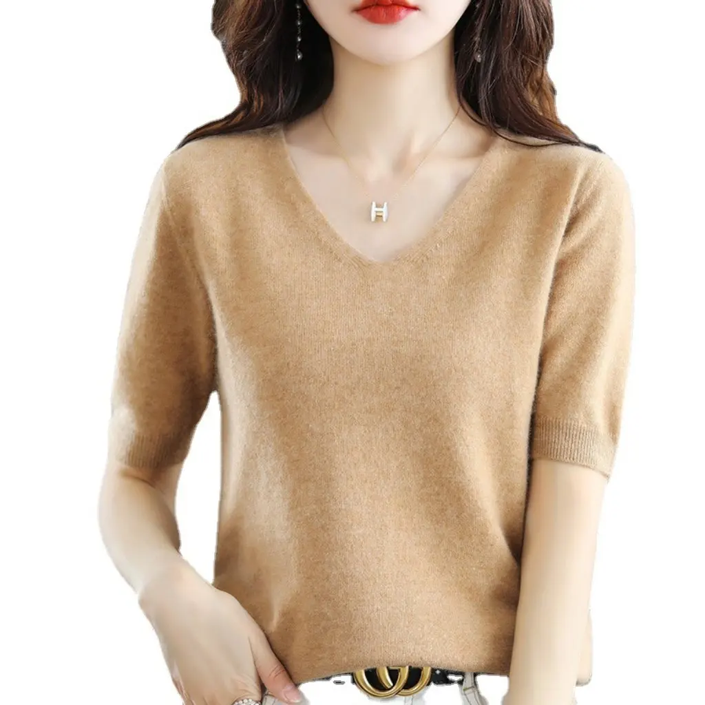 

Women's V-neck Pullover Sweater Loose Casual Korean Style Half Sleeve Bottoming Top Middle Sleeve Sweater