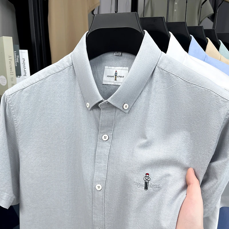 100% cotton short sleeve shirt summer brand exquisite cartoon embroidery solid color lapel top fashion Korean casual men's wear