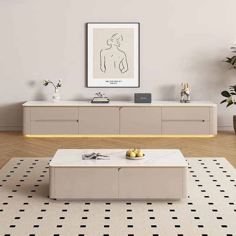 All solid wood rock panel TV cabinet coffee table combination modern simple small apartment living room light luxury high-end