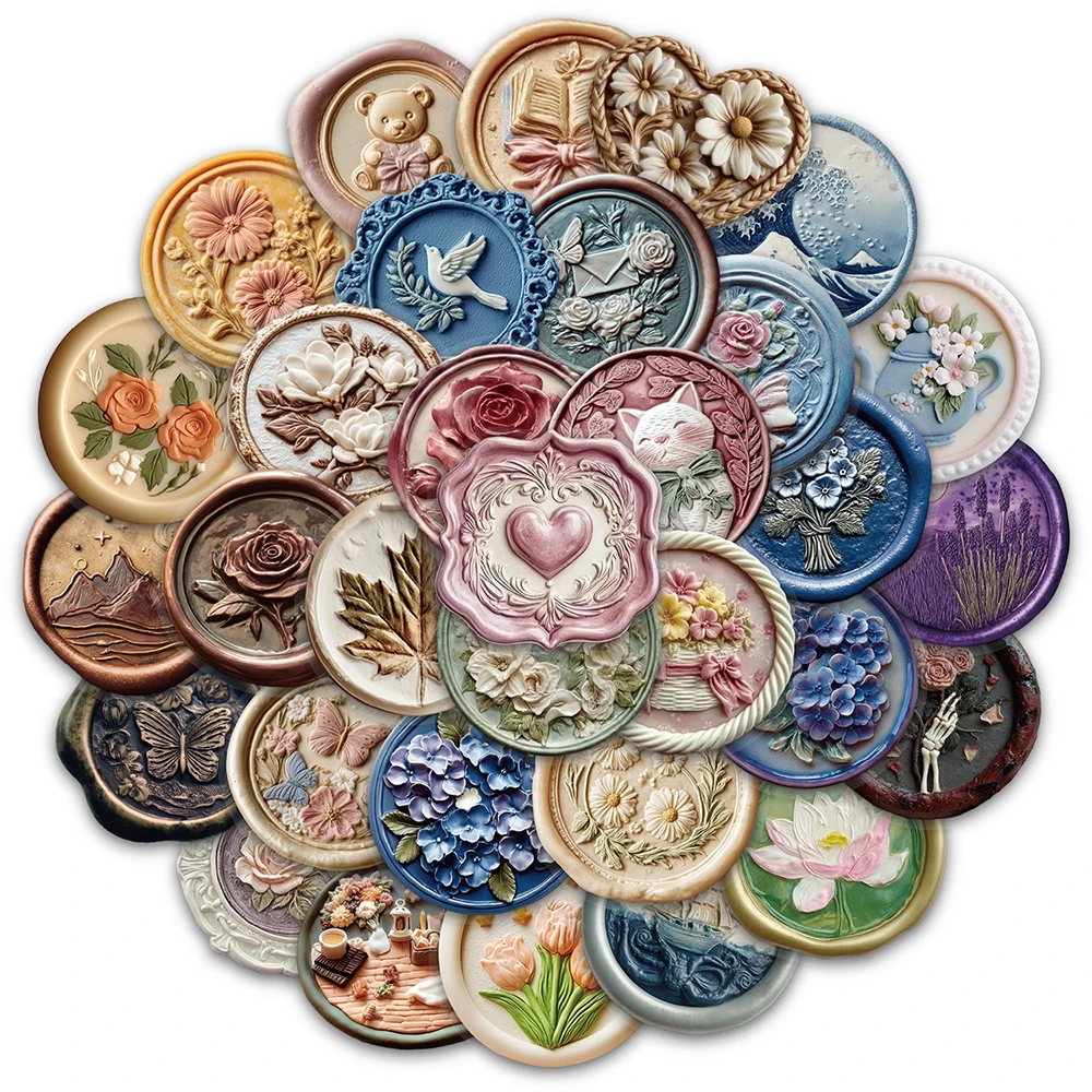10/30/50pcs Vintage Colorful Wax Seal Stamp Stickers Aesthetic Pattern Decoration Decals for Scrapbook Phone Guitar Cute Sticker