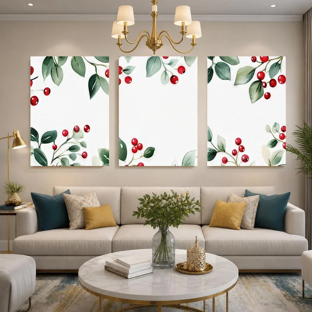 2D Flat Printing 3pcs frameless    Modern Botanical  Wall Art, Green Leaves Red Berries Border Pattern Print,  Home Deco