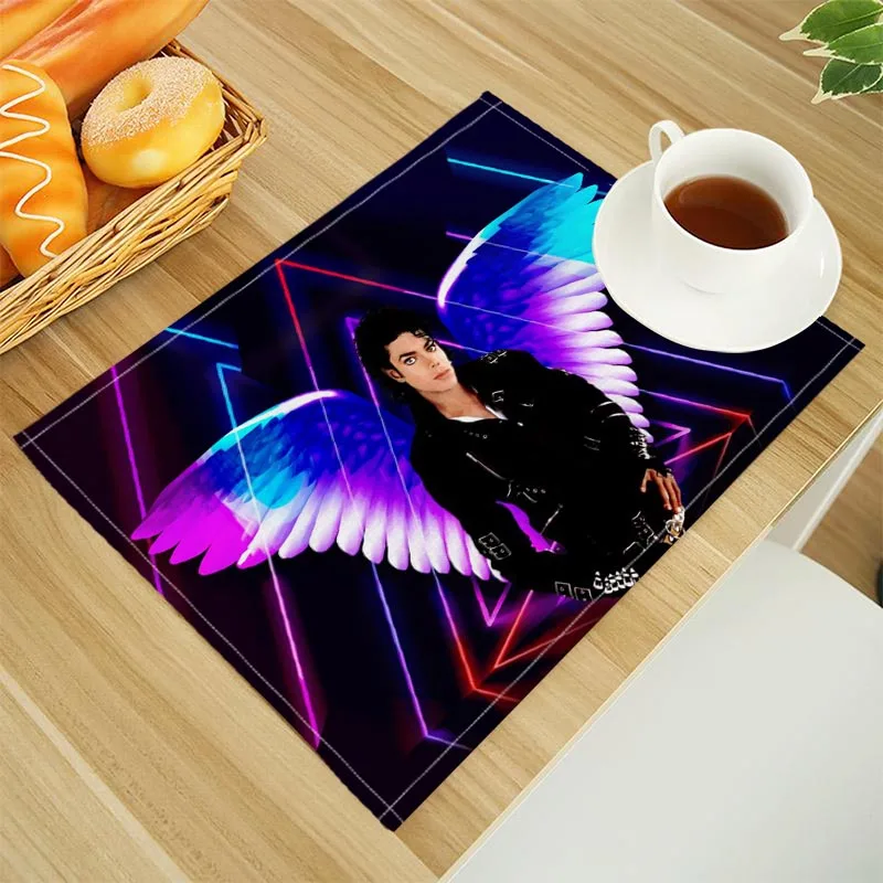 Home Decor Michael Jackson Print Linen Dining Table Mats Alphabet Kitchen Placemat 30X40cm Coasters Pads Bowl Cup Mat