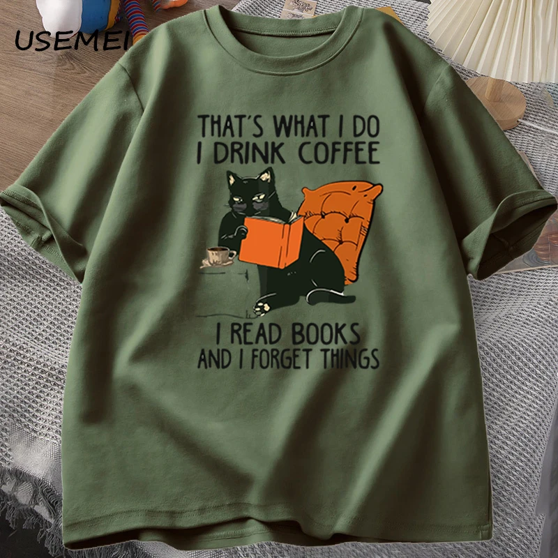 Cute Cat T-shirt for Women Men Books Coffee Cat Print T-shirts Funny Designer Cotton Comfortable Male Tee Shirt Male Clothing