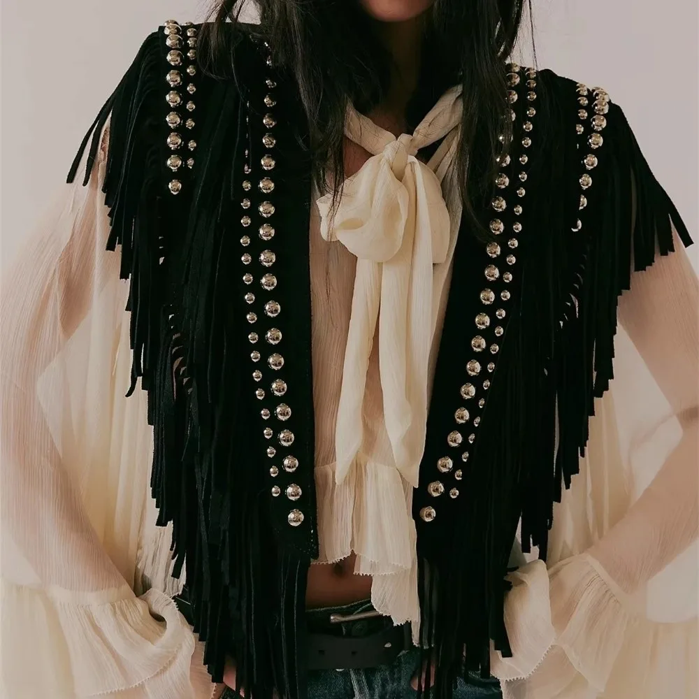 Retro Faux Suede Sleeveless Vest Studded Tassel Fringe Boho Cardigan Open Front Shawl Collar Cowgirl Jacket For Women