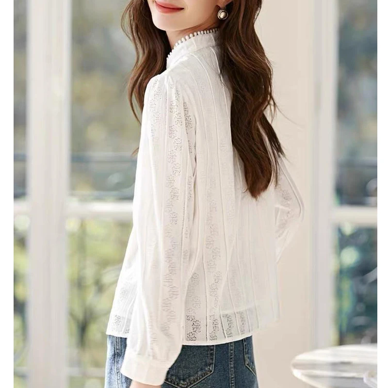 Women Korean Fashion Hollow Lace Button Up Shirt Office Lady Elegant Stand Collar Blouse White Long Sleeve Slim Tops Blusas 2024