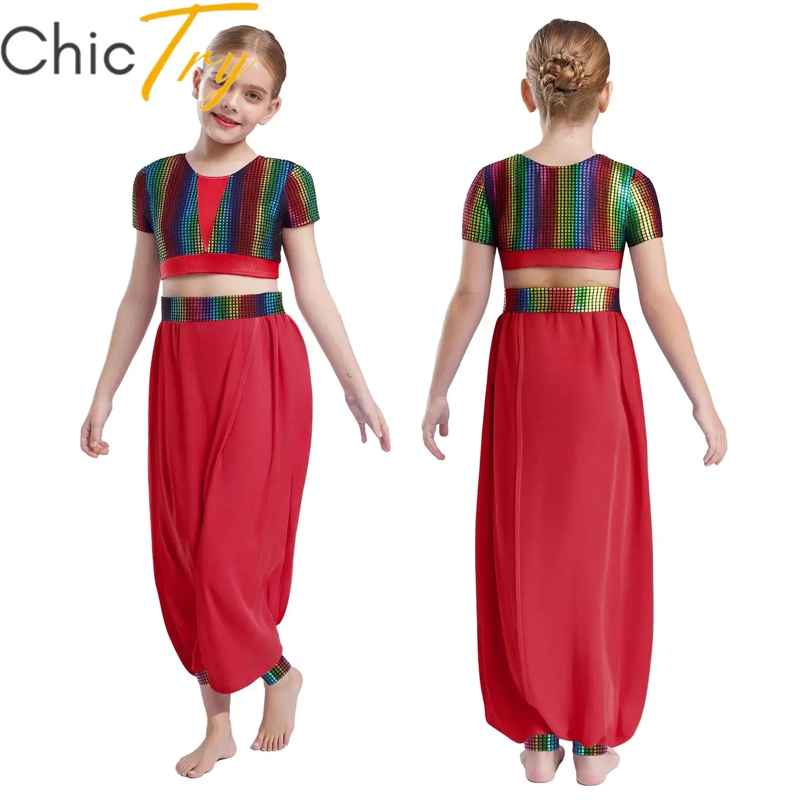 

Kids Girls Jazz Dance Sets Color Block Metallic Crop Tops with Pants Belly Dance Outfits for Competition Performance Costumes