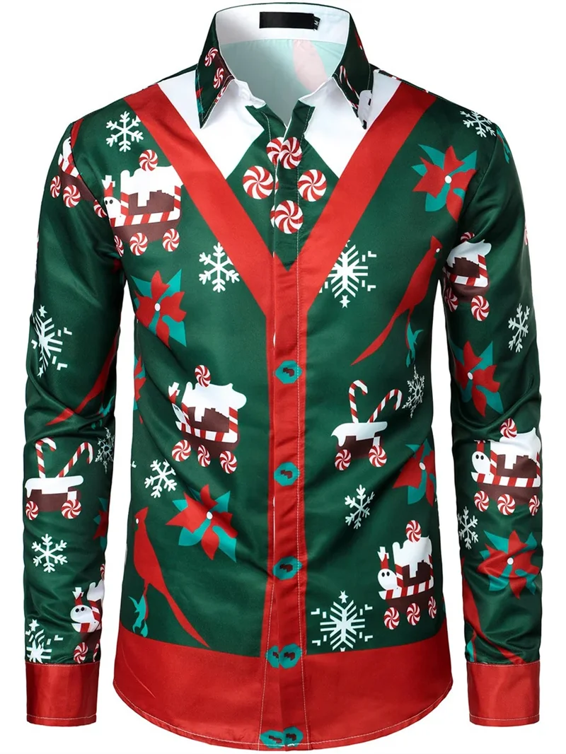 Christmas shirt long sleeved button Christmas tree high-definition pattern soft and comfortable new men\'s shirt top XS-5XL