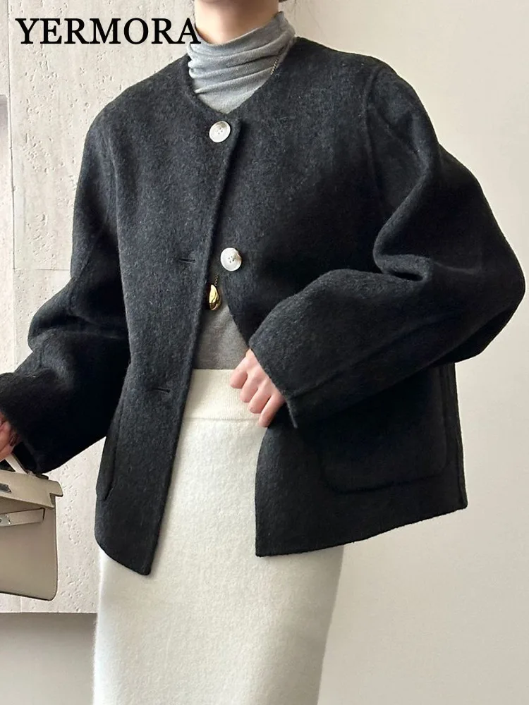 

YERMORA черная шерстяная куртка с карманами и пуговицами для женщин, свободное новое теплое пальто с круглым вырезом и длинными рукавами, модное пальто, осень-зима 2025
