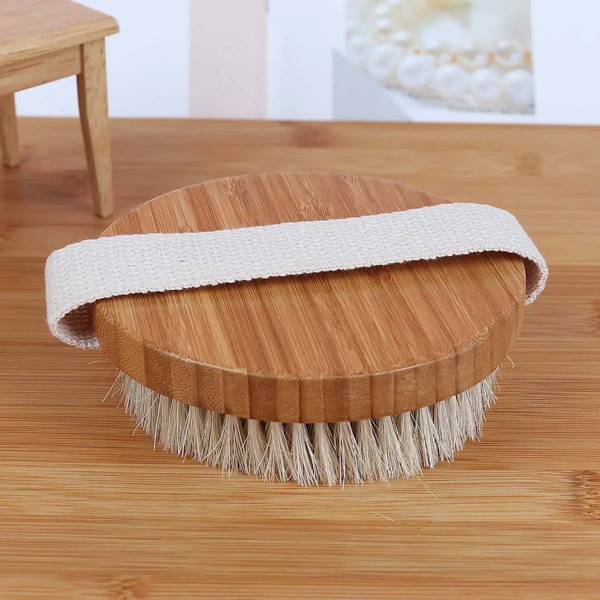 Professional Dry Brush Skin Brush Horsehair Medium Firmness Ergonomic Body Exfoliating Cellulite Massager Back Scrubber