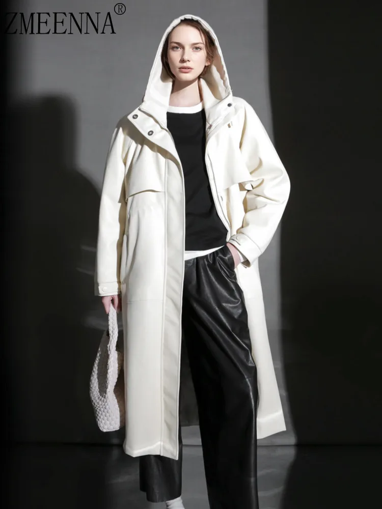 

ZMEENNA Womens Long Hooded Waterproof PU Leather Trench Coat Loose Fit Windbreaker Jacket Outerwear Fashion White ZM4343