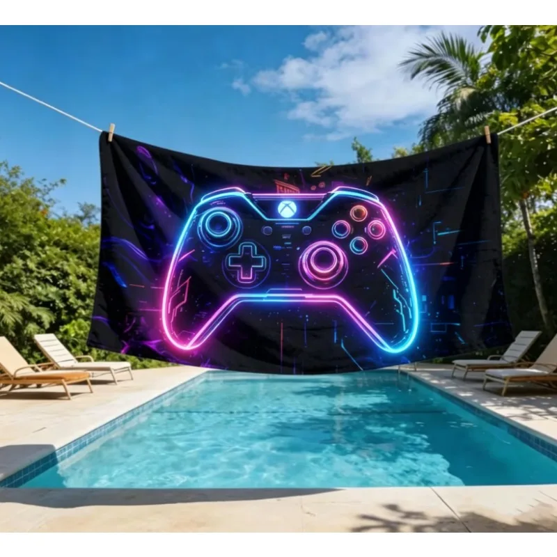 Oversized Microfiber Beach Towel, Neon Gaming Controller Print, Quick Dry Sand Free