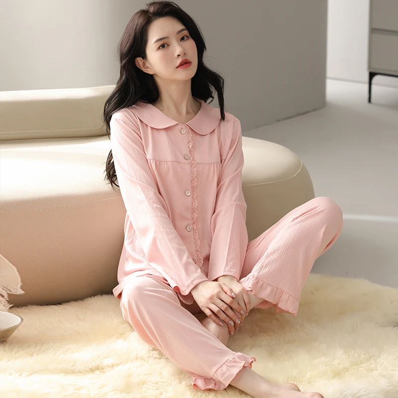 Women Lace Cardigan Nightwear Suit Autumn Long Sleeve Solid Color Pajamas Casual Lapel Homewear Big Yards M-4XL Pijamas Mujer