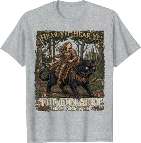 Mittelalterliche Renaissance Ritterkatze Lustige Tante Kleidung Vintage T-Shirt Lustiges „Hört ihr, hört ihr, die lustige Tante ist angekommen“ Ritterkatze T-Shirt – Detail 7