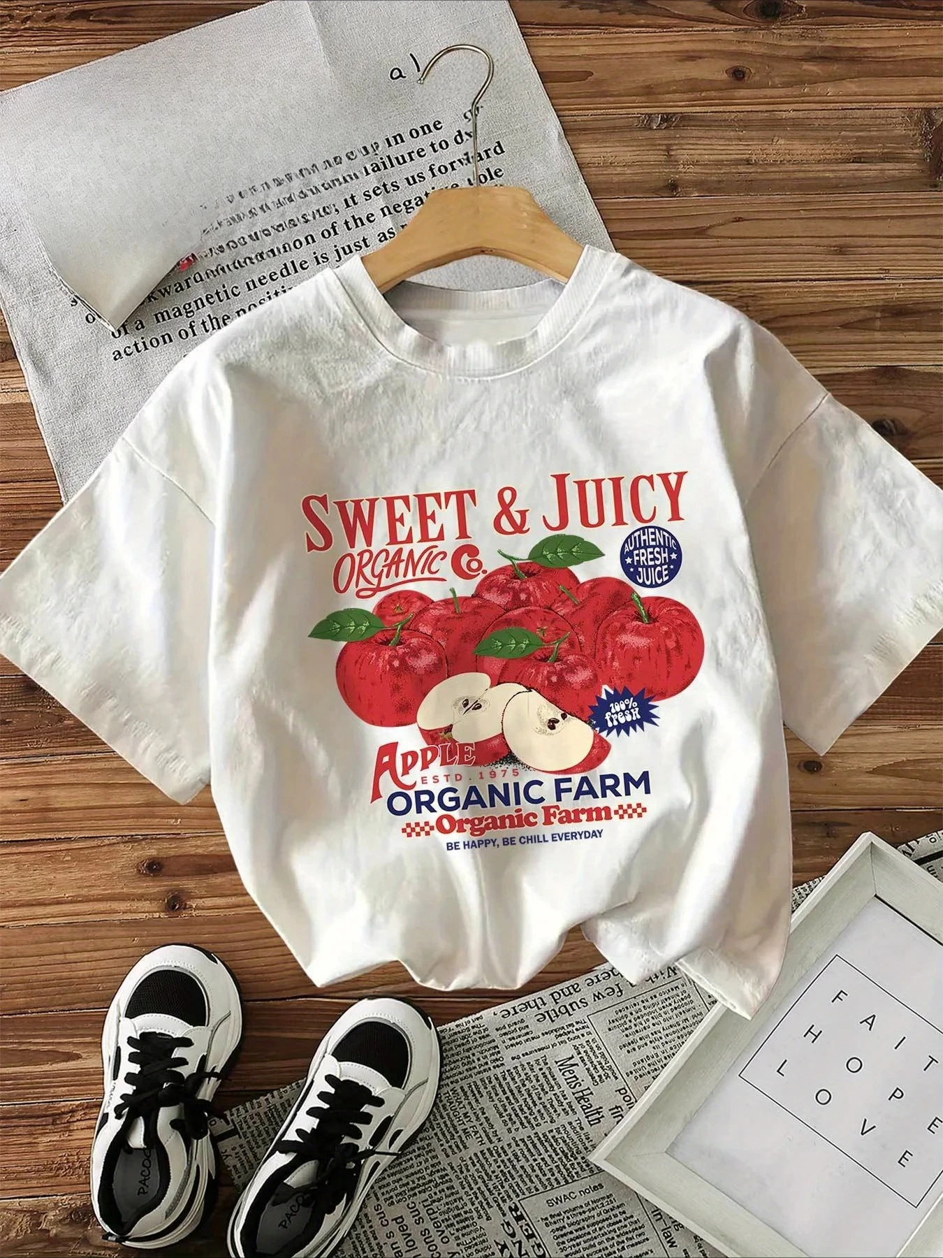 חולצת טריקו רטרו לנשים עם הדפס תפוחים, טופ בדוגמת חוות מתוקה, קז'ואל, צווארון עגול, שרוול קצר, סגנון רטרו, בגדי נשים.Y2K