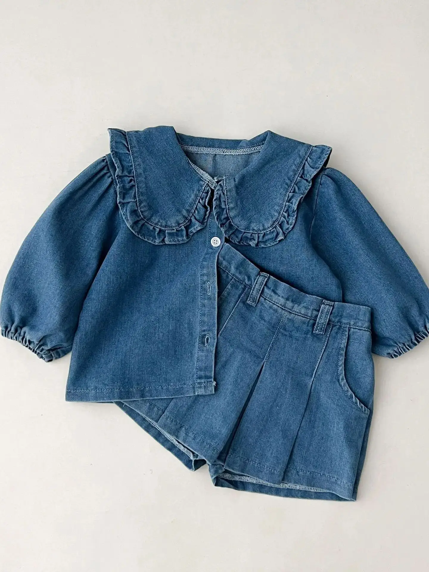 

Kids Spring Autumn Korean Style Long Sleeved Denim Shirt+Shorts Sets For Toddler Girls Fashionable Two-Piece Suits Casual Outfit
