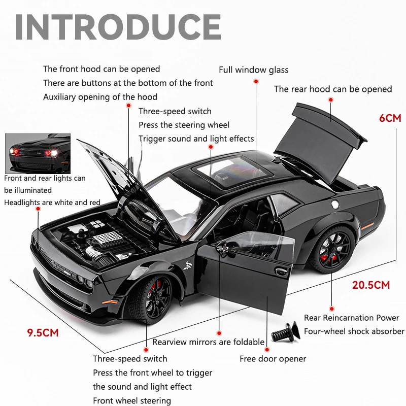 1:24 Simulated Srt Challenger Alloy Car Model Sound And Light Pull Back Toy Car Metal Sports Car Boys Collection Ornaments Gift