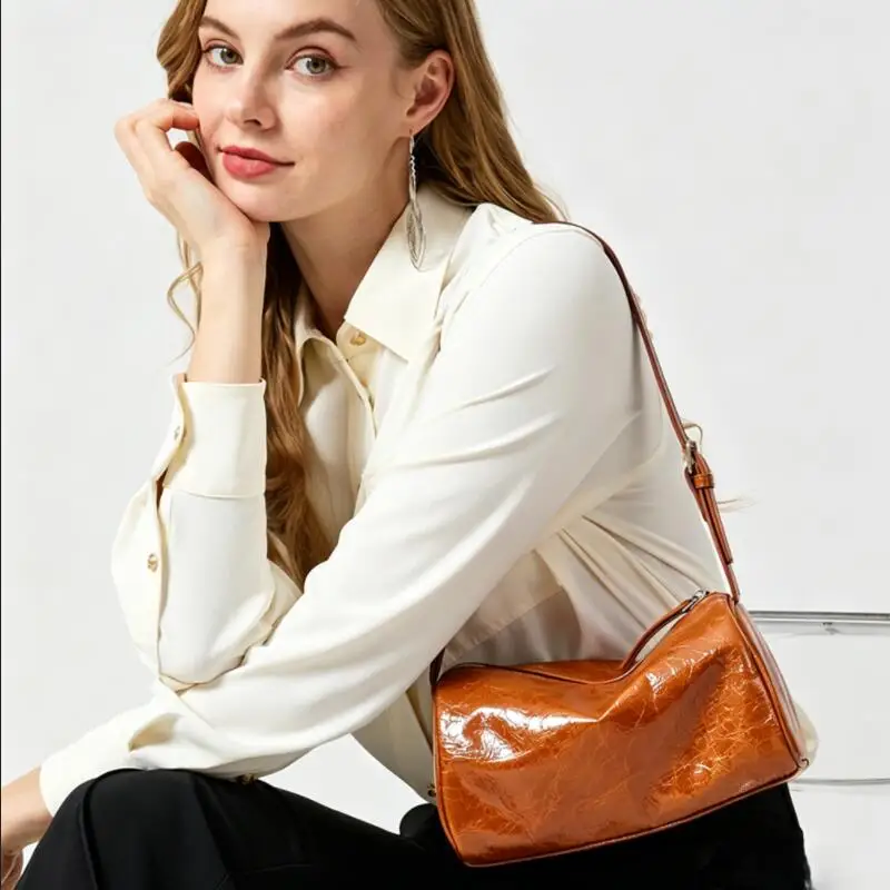 Women's Small Genuine Cowhide Barrel Shoulder Bag Real Leather Round Cylinder Handbag Vintage Tassel Zipper Crossbody Purse