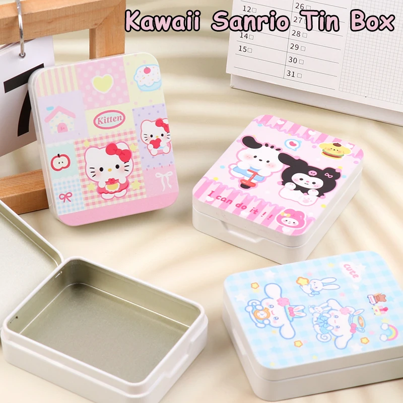 Kawaii Sanrio Hello Kitty Tinplate Box Cinnamoroll Sticker Tape Desktop Storage Box Kuromi Dust Proof Flip Cover Jewelry Box