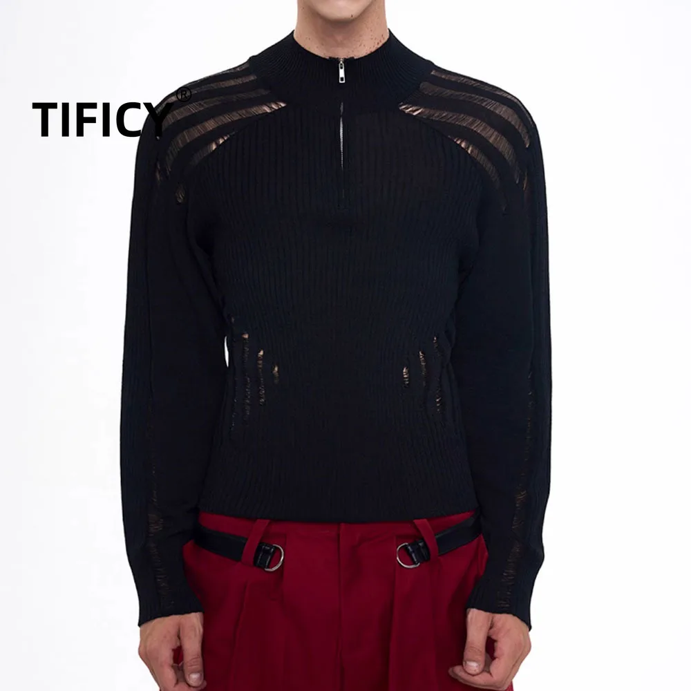 

Black Thin Long Sleeved Sweater Cardigan Men in Early Autumn Hollowed Out Stand Up Collar Slim Fit Knit Sweater Jackets