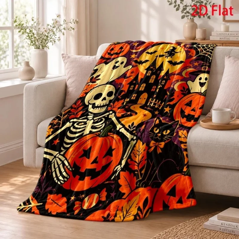 Candy Ghost Halloween Flannel Throw Blanket, Sweet Treat Star Print Soft Warm Blanket for Sofa Bed Holiday Decor
