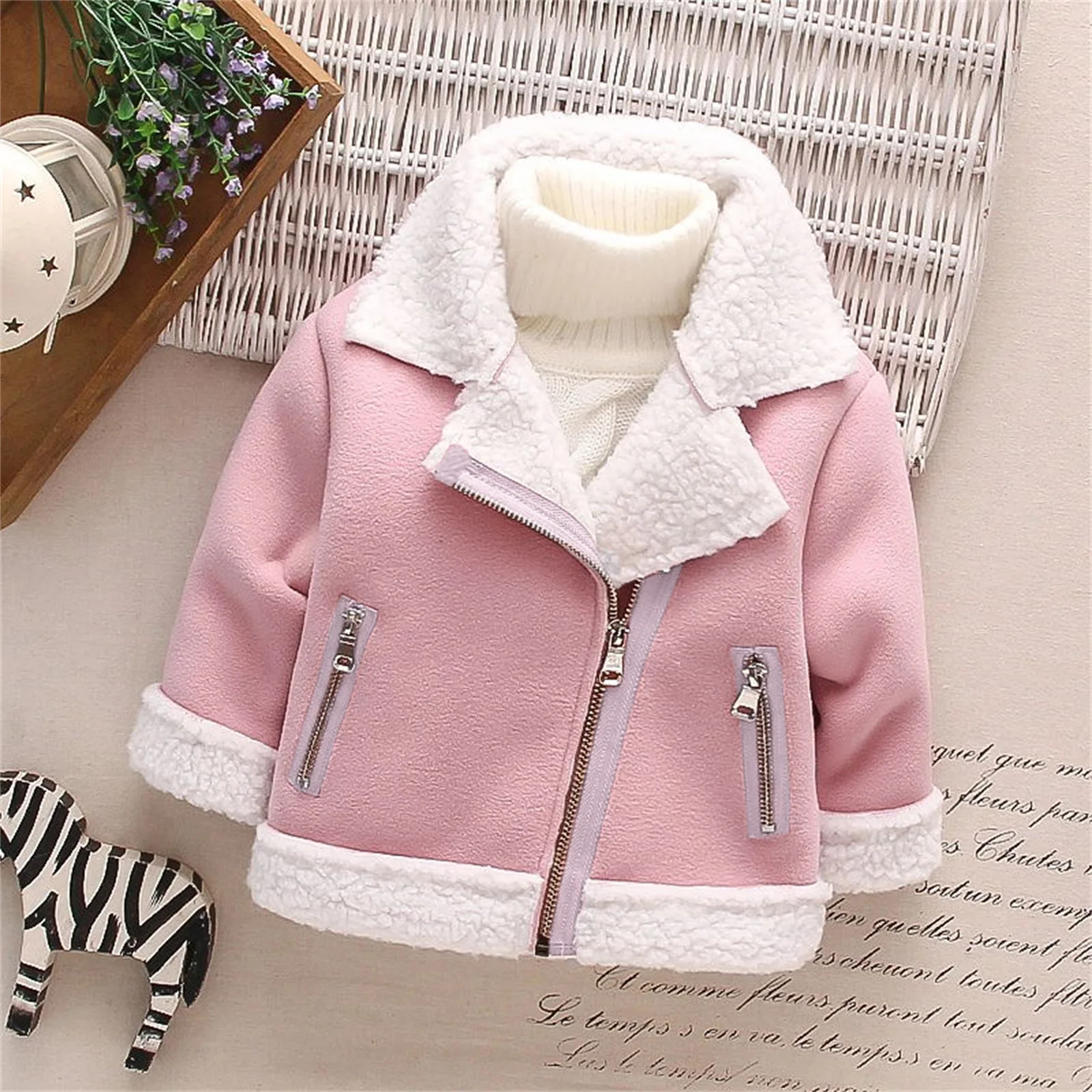 PatPat Toddler Girl/Boy Lapel Collar Zipper Fuzzy Berber Fleece Coat