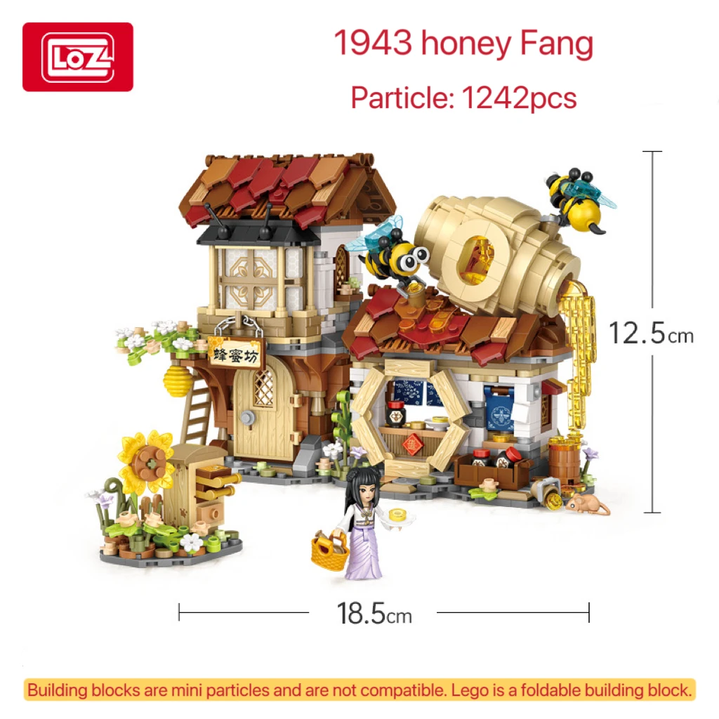 LOZ Meat Shop Honey Workshop Splicing and Folding Block Opening and Closing Street View with People's Toy Decoration