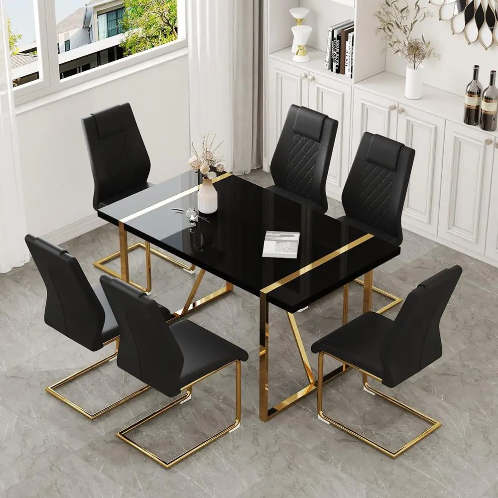 ern Dining Table Set or 6, 55'' Gold Dining Room Table Set with 6 Black aux Leather Chairs, Black Glossy Tabletop with Gold Meta