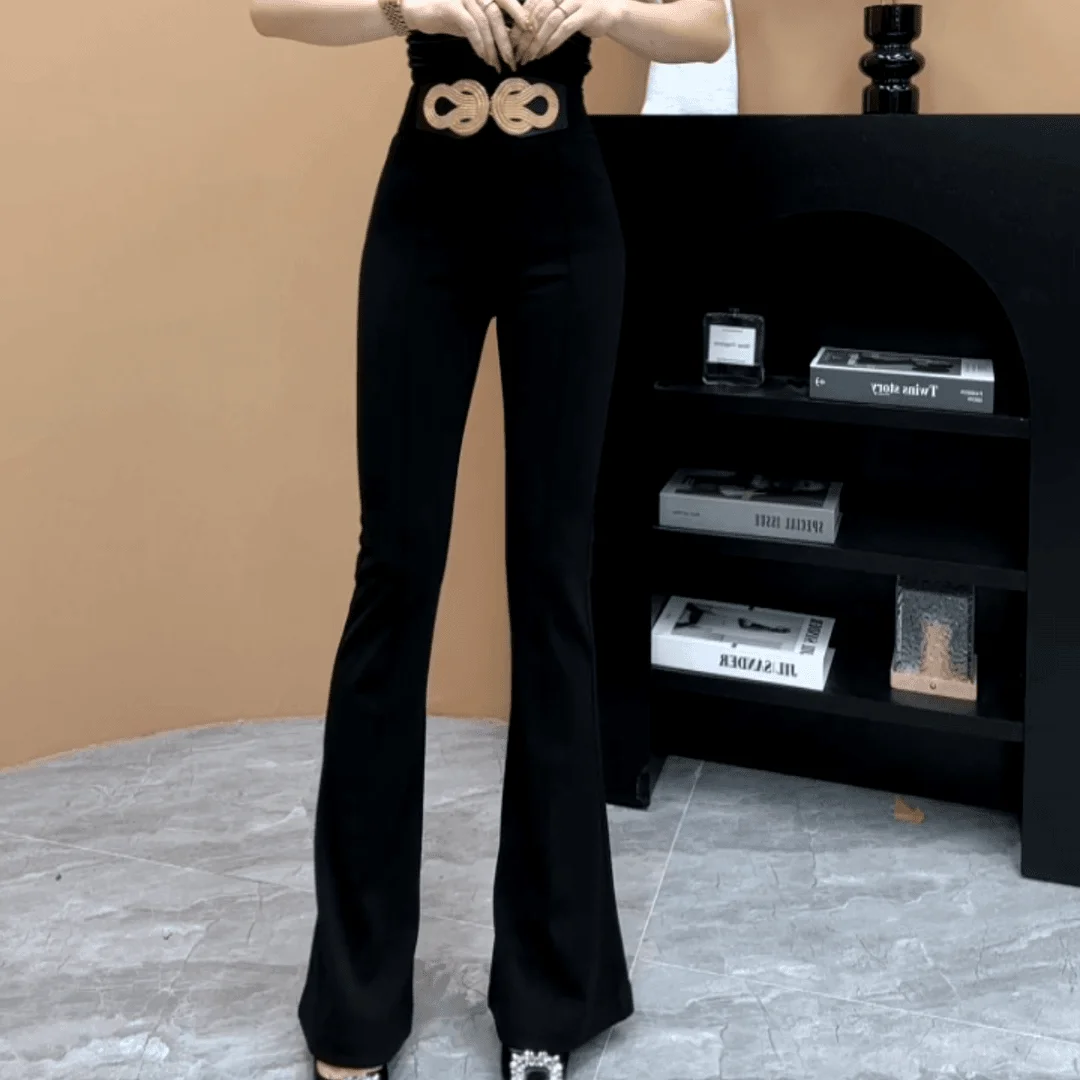 유행 캐주얼 여성 봄과 여름 높은 허리 유행 중국어 매듭 금속 버클 넓은 허리 다목적 플레어 바지