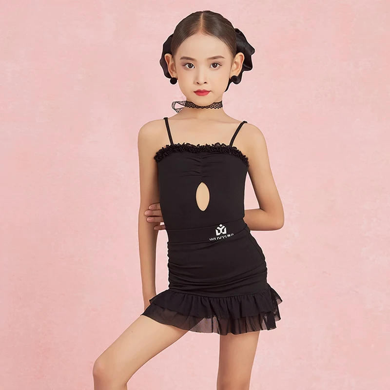 Children Latin Dance Competition Clothing For Girls Black Sling Tops Split Skirts Suit Rumba Chacha Latin Dance Wear DQS24633
